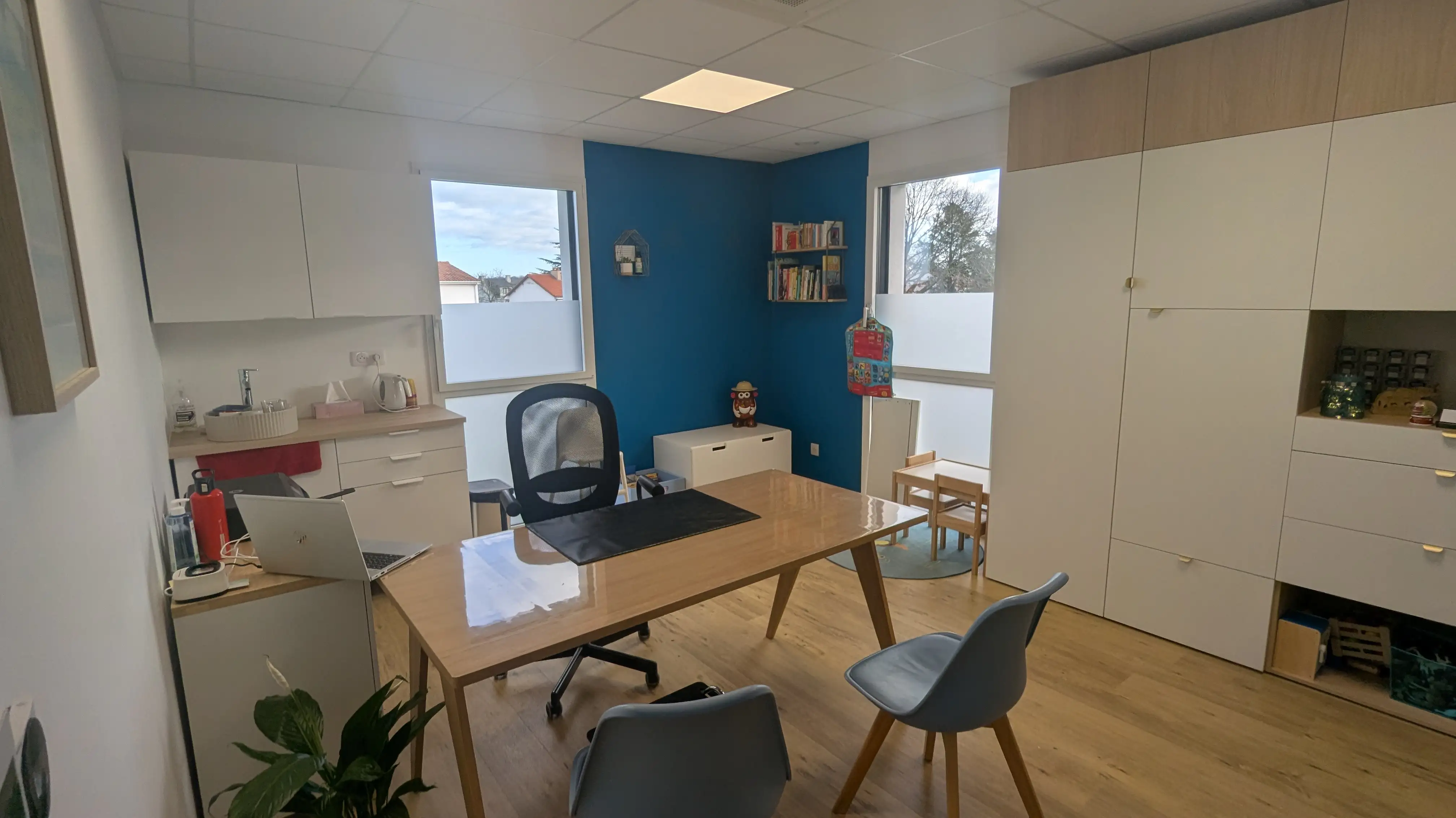 Local Pro contenant un aménagement de placard couleur bois et et un angle de mur bleu